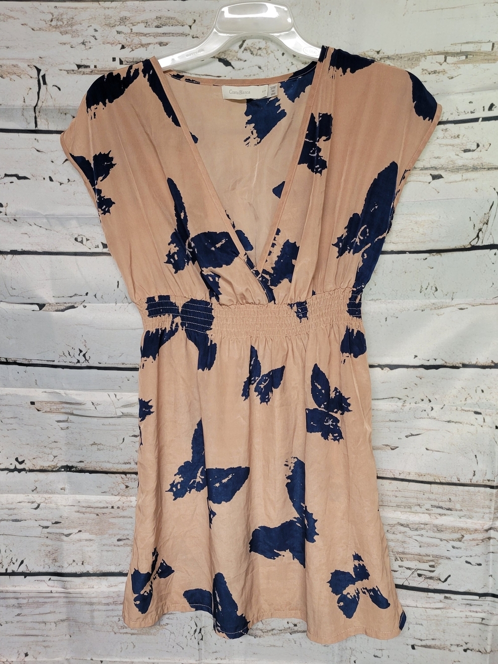 Costa Blanca Blush Pink & Navy Print Smocked Waist Dress Size Small